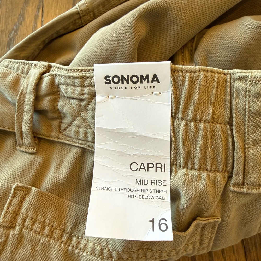 NWT Sonoma Tan Casual Tie-Waist mid-rise relaxed capri Pants size 16 - Picture 7 of 11